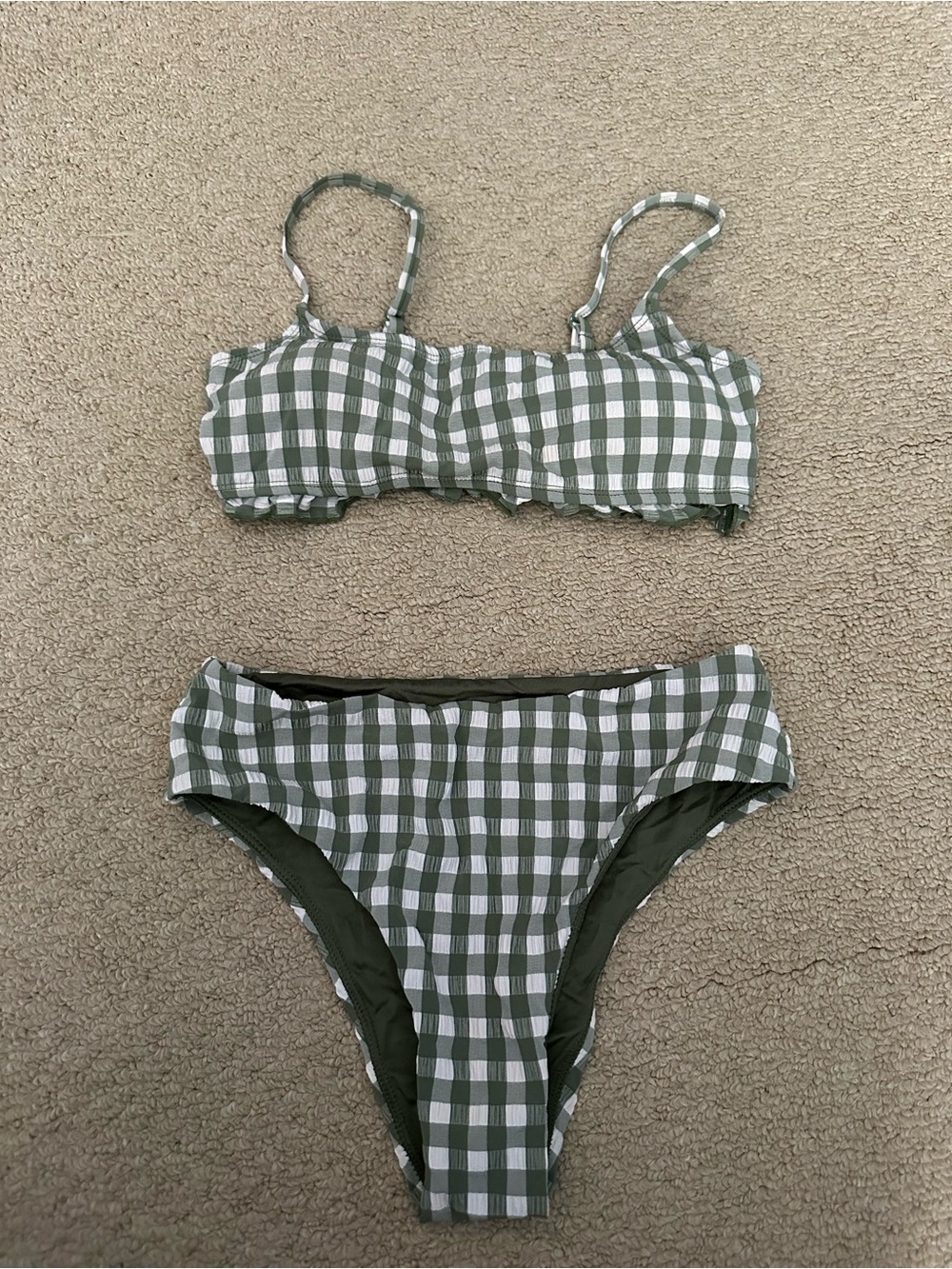 Simons Olive Green and White Gingham Bikini Bottoms